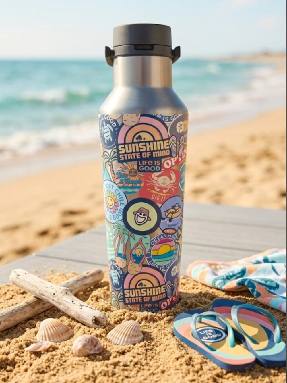 Life Is Good X Corkcicle Beach Stickers Stainless Steel Insulated Canteen 20oz